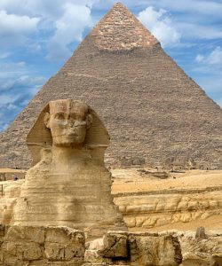 Great Sphinx of Giza against the Great Pyramid, Giza, Egypt